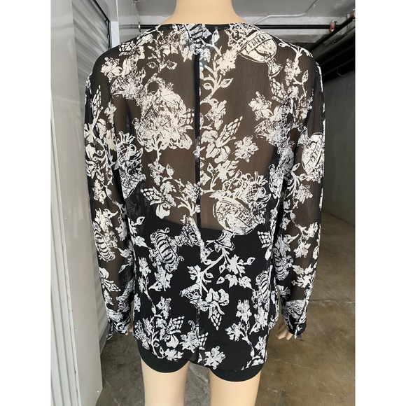 Talbots Collection Pure Silk Blouse Black White Floral Long Sleeve Size 8 Medium - Picture 7 of 9